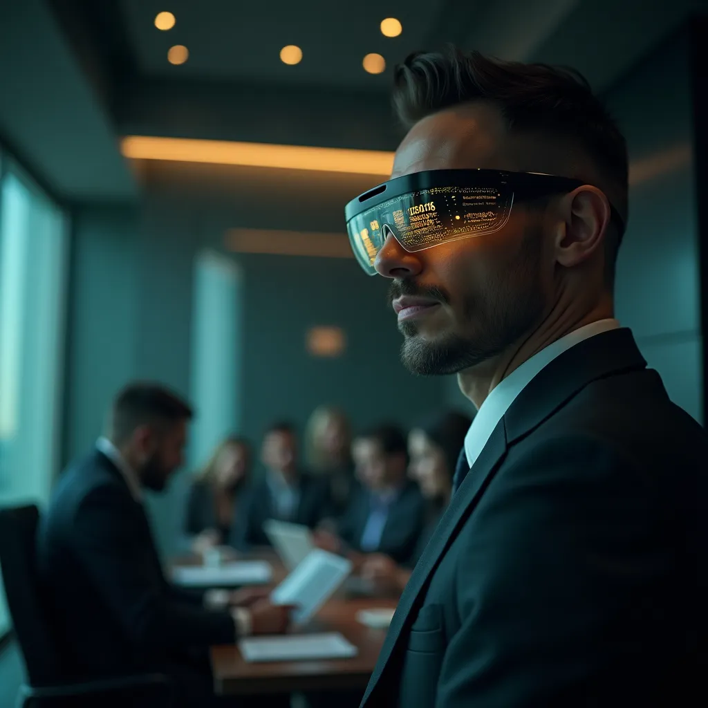 Executive wearing Tactical Talk Vision glasses in a boardroom negotiation with AR overlay data visible