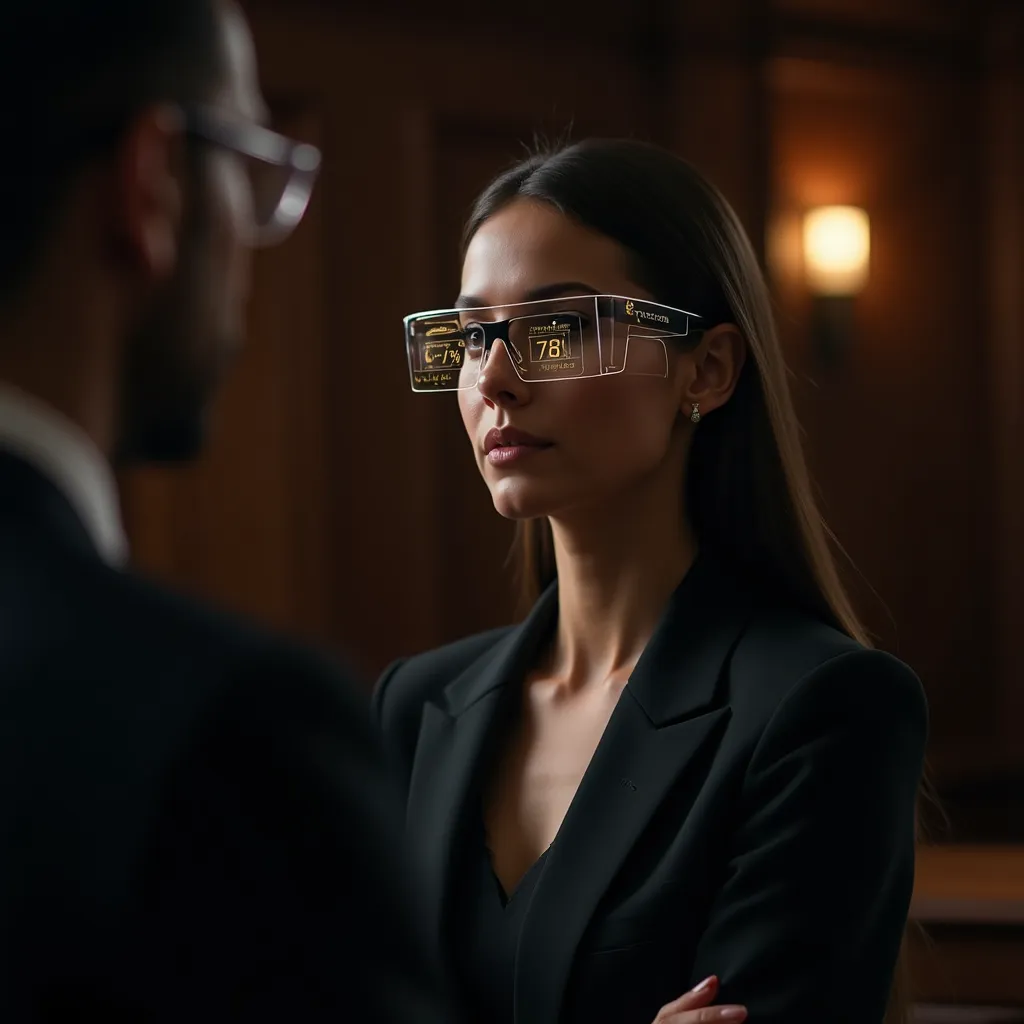Lawyer wearing Tactical Talk Vision glasses in a courtroom analyzing witness testimony